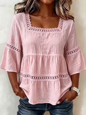 Delicate Lace Details Chic Cotton-Linen Top