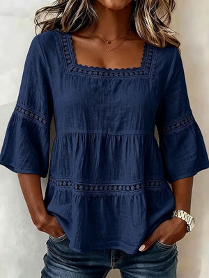 Delicate Lace Details Chic Cotton-Linen Top