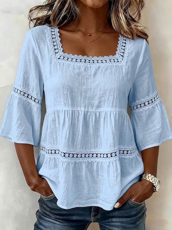 Delicate Lace Details Chic Cotton-Linen Top