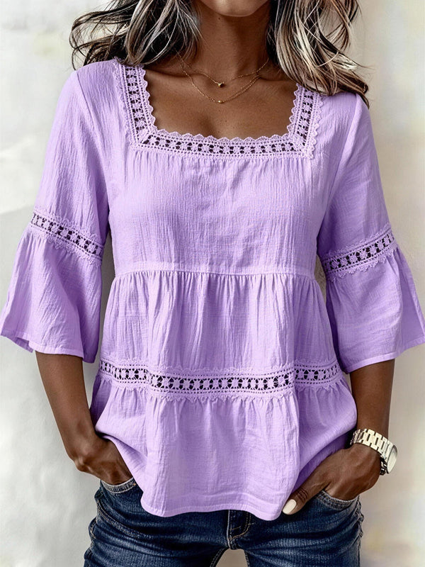 Delicate Lace Details Chic Cotton-Linen Top