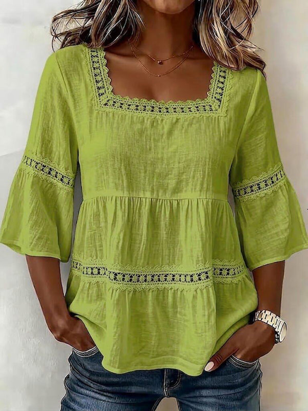 Delicate Lace Details Chic Cotton-Linen Top