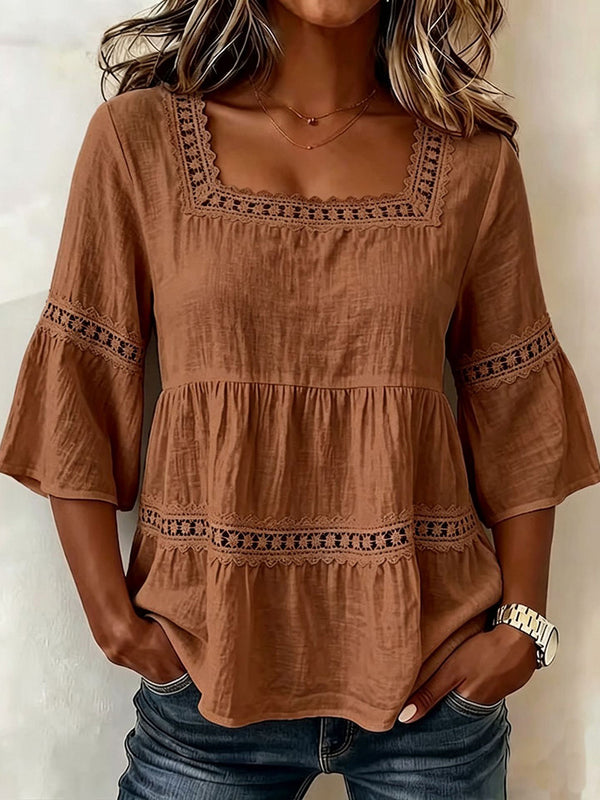 Delicate Lace Details Chic Cotton-Linen Top