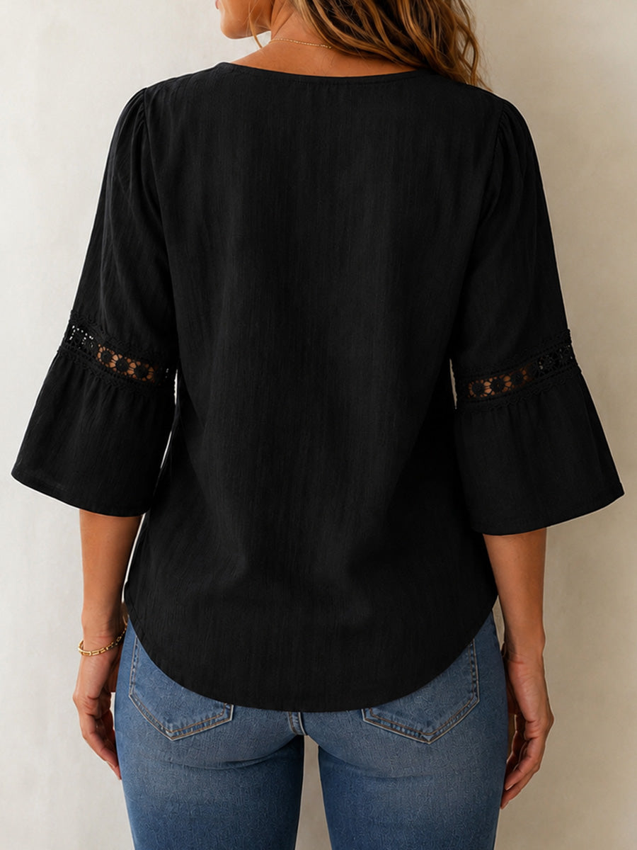 Delicate Lace Details Chic Cotton-Linen Top