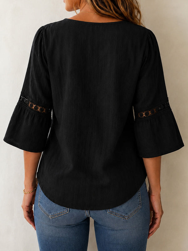 Delicate Lace Details Chic Cotton-Linen Top