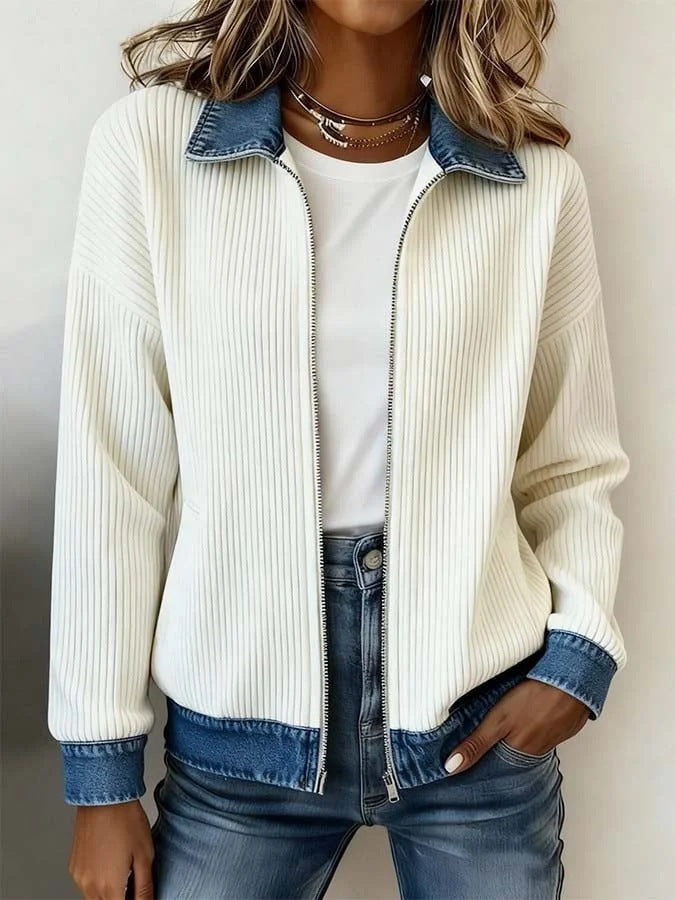 Denim-Inspired Patchwork Zip Up Jacket