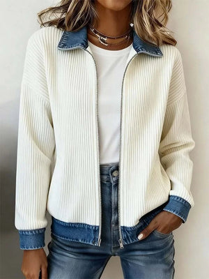 Denim-Inspired Patchwork Zip Up Jacket