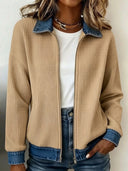 Denim-Inspired Patchwork Zip Up Jacket