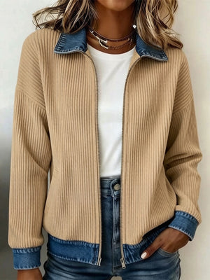 Denim-Inspired Patchwork Zip Up Jacket