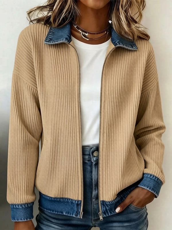 Denim-Inspired Patchwork Zip Up Jacket