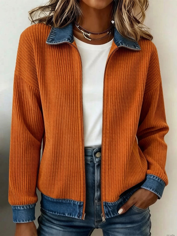 Denim-Inspired Patchwork Zip Up Jacket