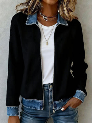 Denim-Inspired Patchwork Zip Up Jacket
