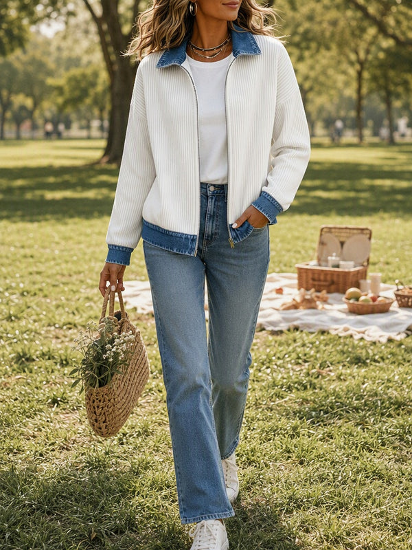 Denim-Inspired Patchwork Zip Up Jacket