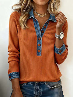 Denim Collar Button-Front Long-Sleeve Top