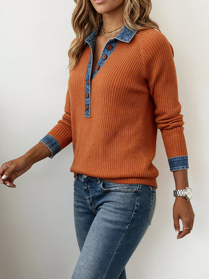Denim Collar Button-Front Long-Sleeve Top
