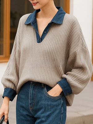 Denim Patchwork Faux Two-Piece Top