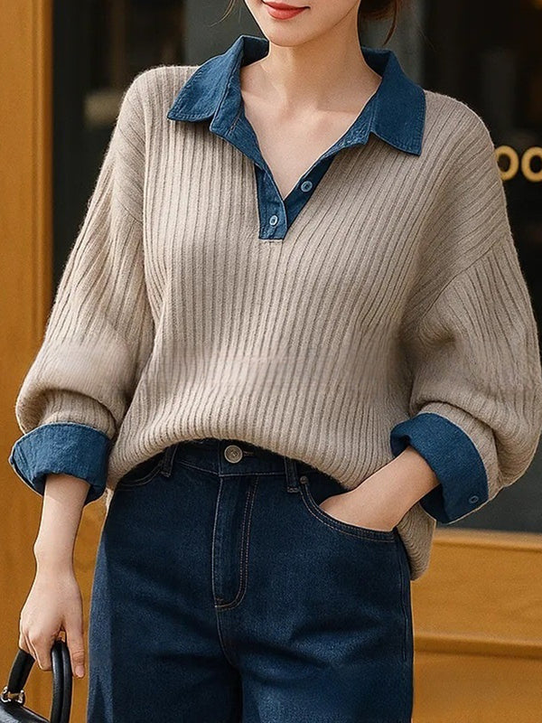 Denim Patchwork Faux Two-Piece Top