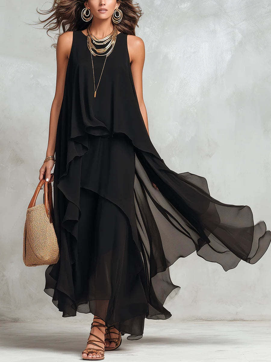 Effortless Parisian Black Chiffon Maxi Dress
