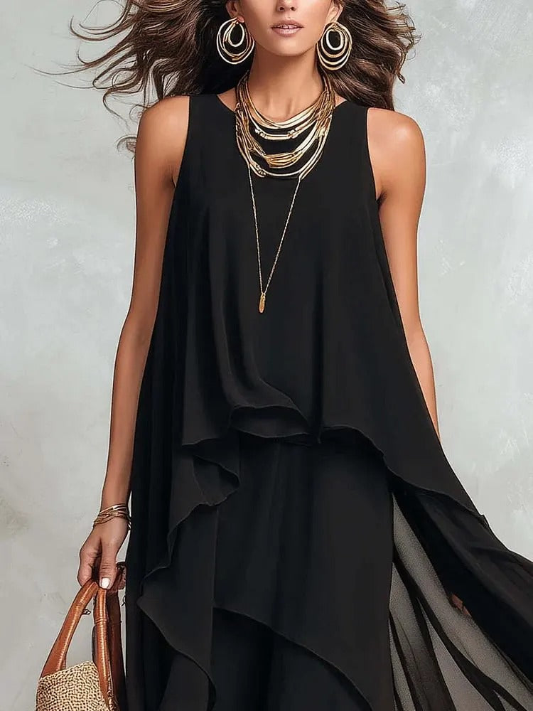Effortless Parisian Black Chiffon Maxi Dress