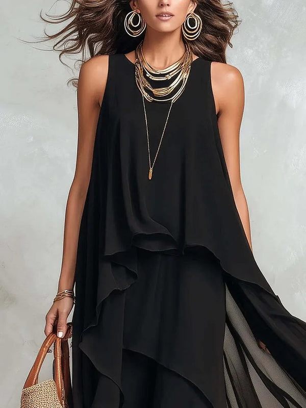 Effortless Parisian Black Chiffon Maxi Dress