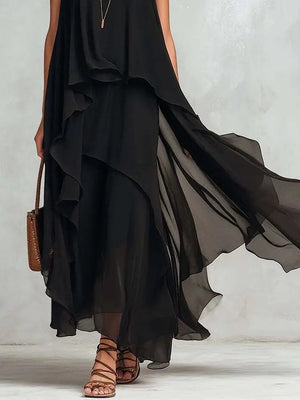 Effortless Parisian Black Chiffon Maxi Dress