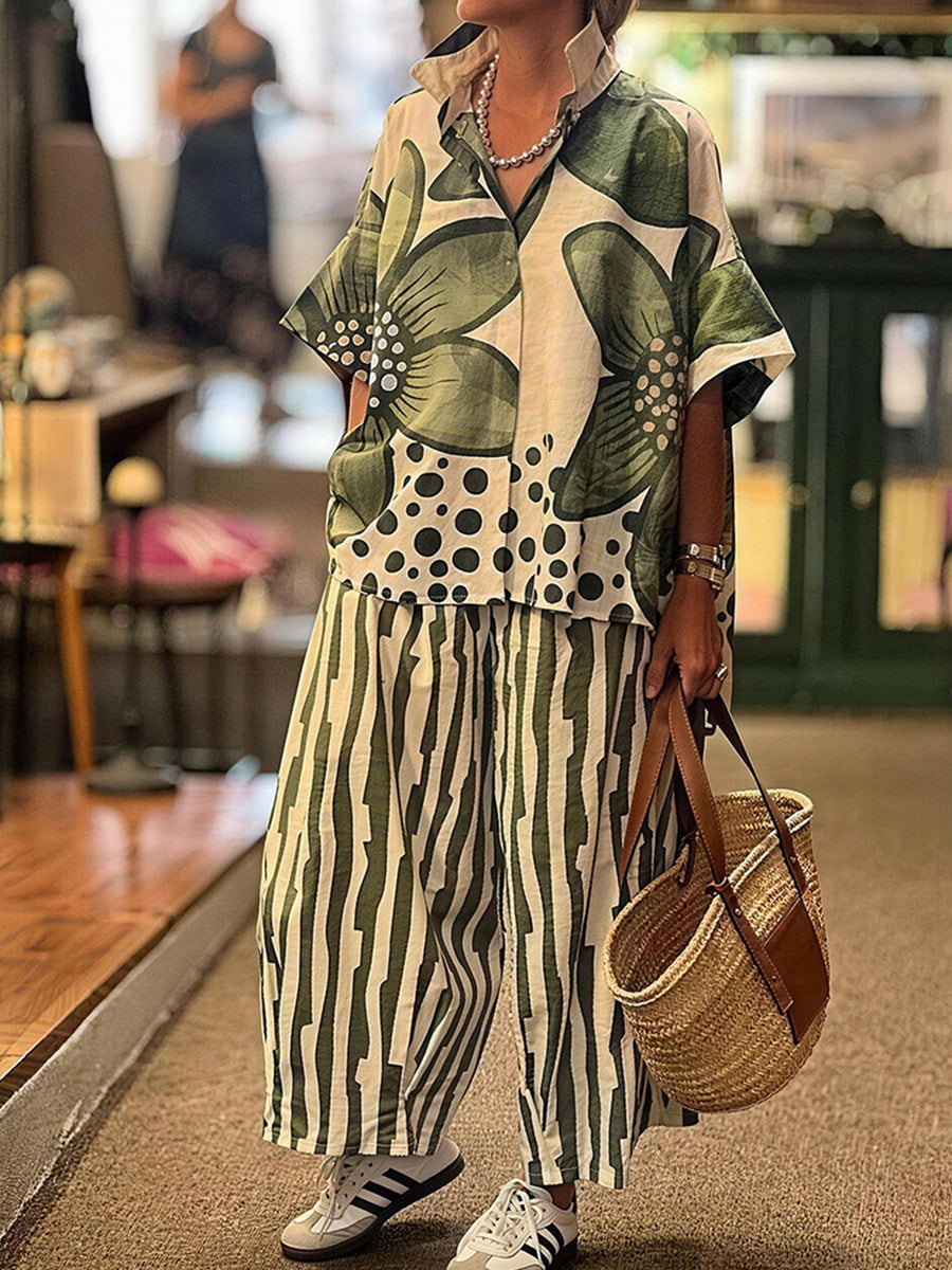 Effortless Chic Floral Top & Striped Pants Set