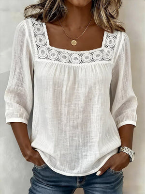Elegant Square-Neck Cotton-Linen Lace Top
