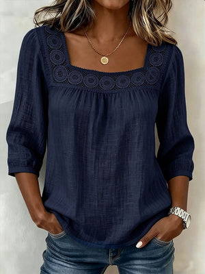 Elegant Square-Neck Cotton-Linen Lace Top