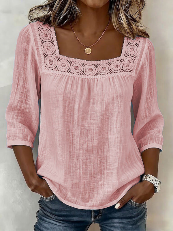 Elegant Square-Neck Cotton-Linen Lace Top