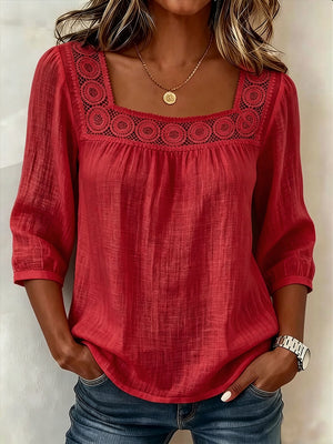 Elegant Square-Neck Cotton-Linen Lace Top