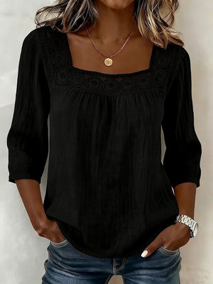Elegant Square-Neck Cotton-Linen Lace Top