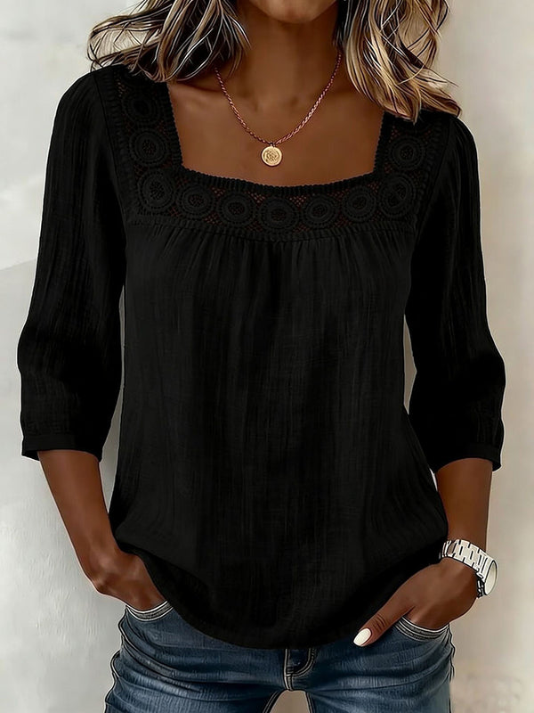 Elegant Square-Neck Cotton-Linen Lace Top