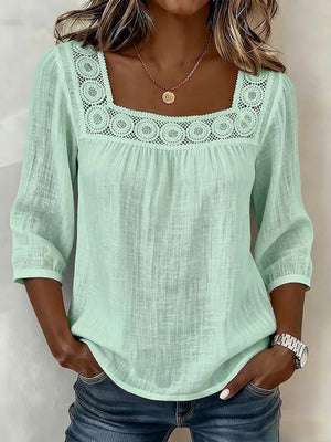 Elegant Square-Neck Cotton-Linen Lace Top