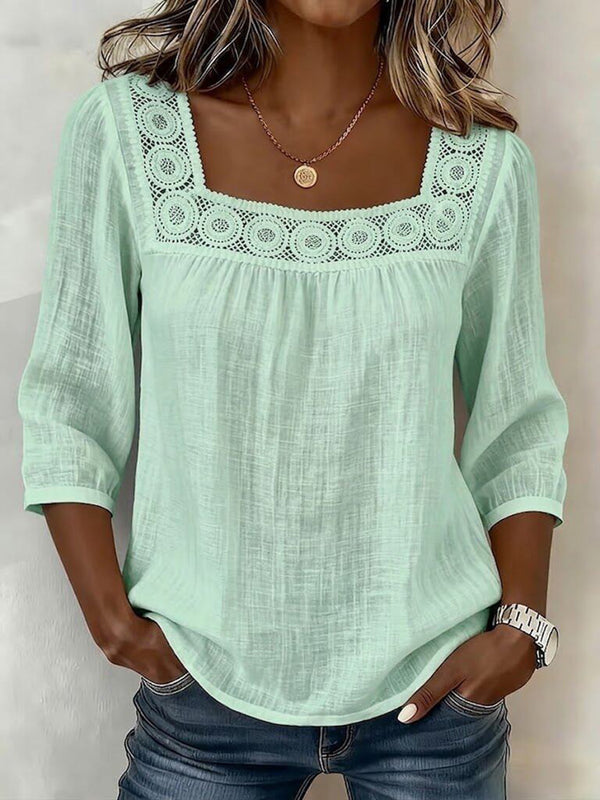 Elegant Square-Neck Cotton-Linen Lace Top