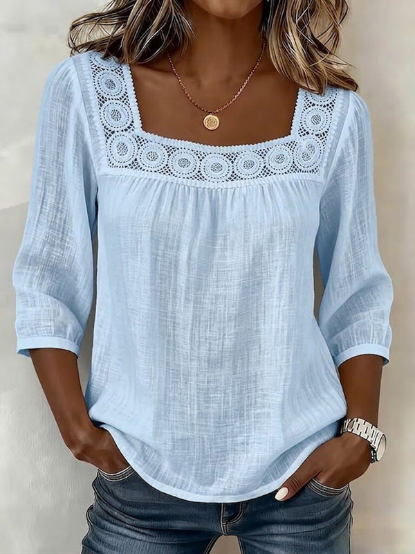 Elegant Square-Neck Cotton-Linen Lace Top
