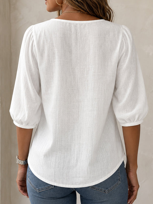 Elegant Square-Neck Cotton-Linen Lace Top