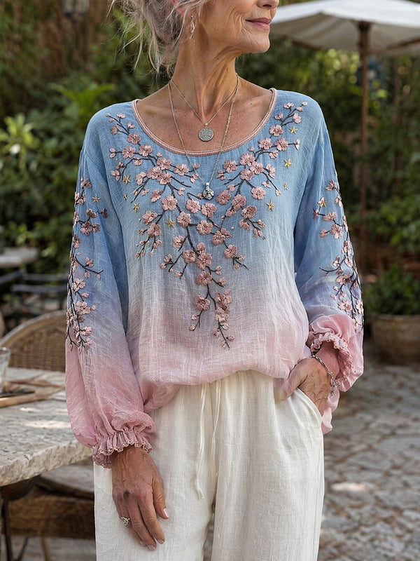 Elegant Floral Print Artistic Long-Sleeve Top