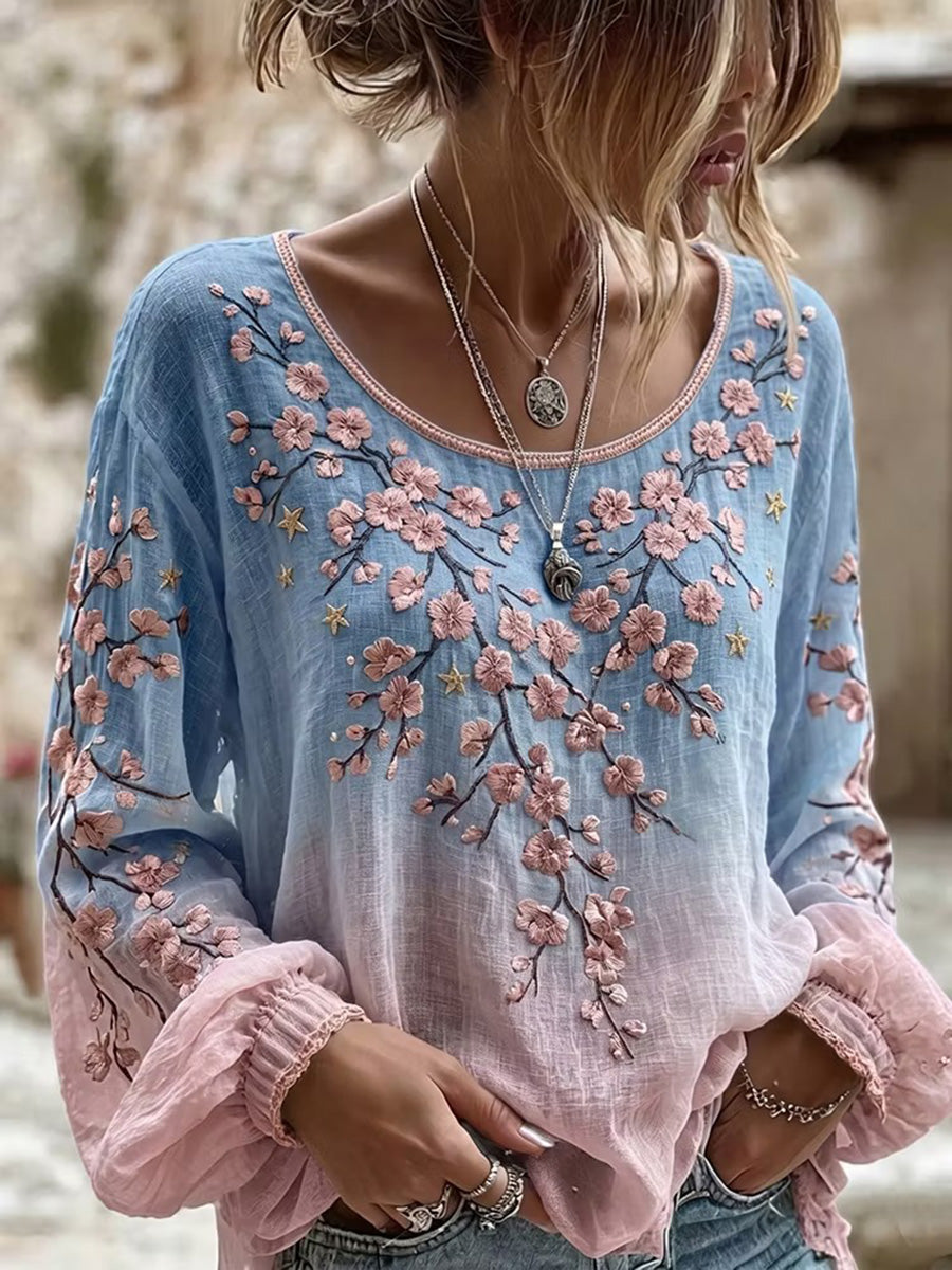 Elegant Floral Print Artistic Long-Sleeve Top