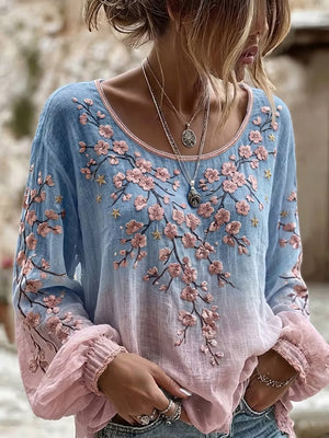 Elegant Floral Print Artistic Long-Sleeve Top