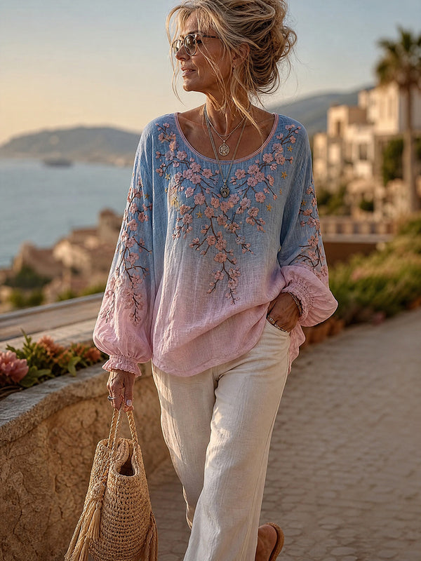 Elegant Floral Print Artistic Long-Sleeve Top