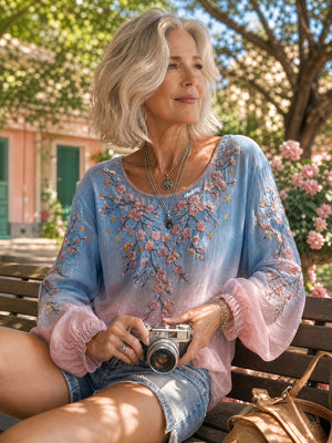 Elegant Floral Print Artistic Long-Sleeve Top