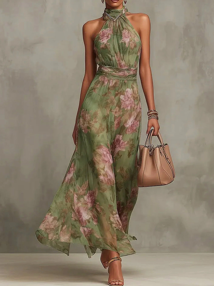 Elegant Floral Printing Halter Maxi Dress