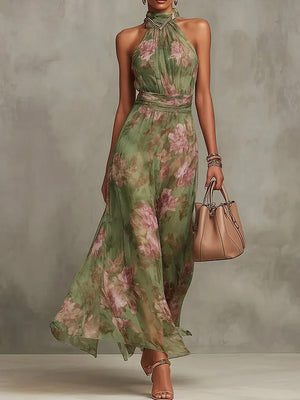 Elegant Floral Printing Halter Maxi Dress