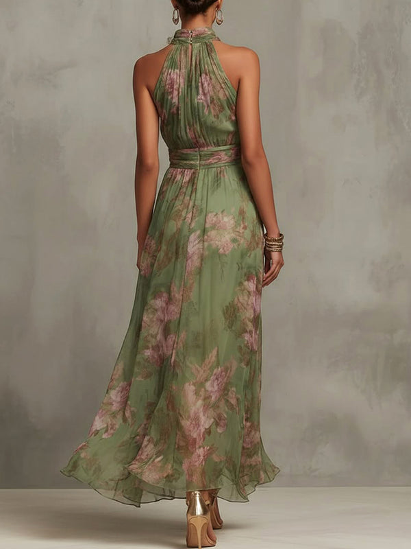 Elegant Floral Printing Halter Maxi Dress