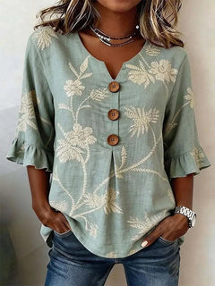 Elegant Floral Ruffle V-Neck Blouse