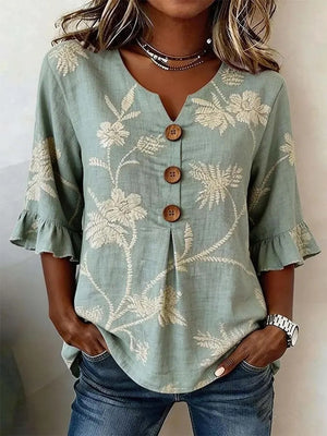Elegant Floral Ruffle V-Neck Blouse