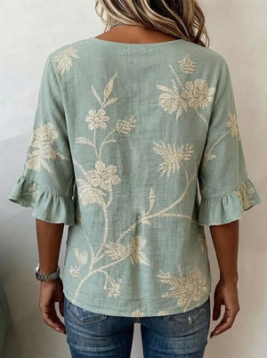 Elegant Floral Ruffle V-Neck Blouse