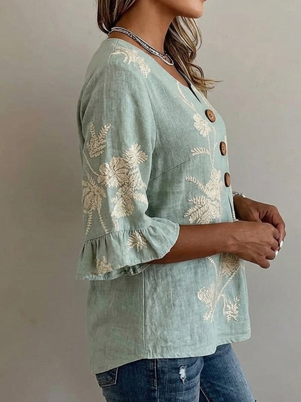 Elegant Floral Ruffle V-Neck Blouse