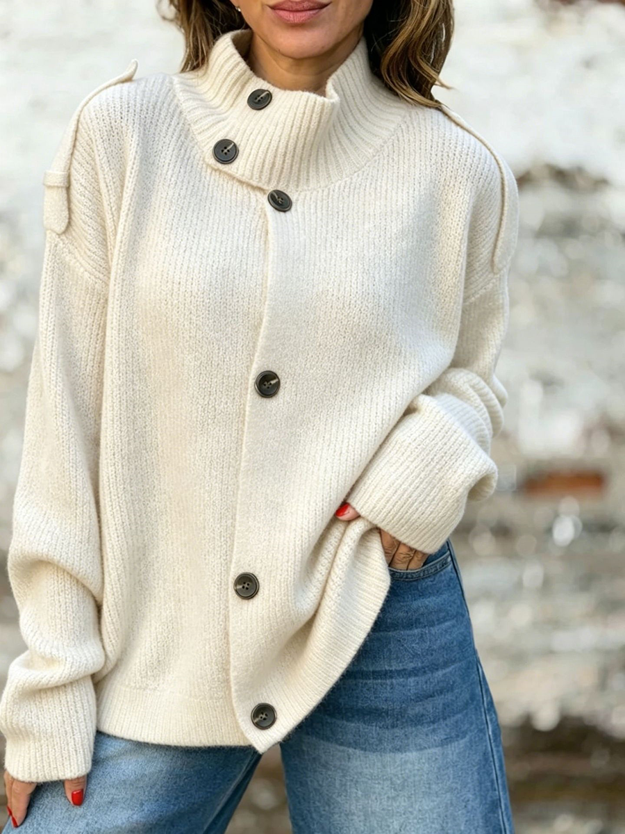 Elegant High Neck Button Knit Cardigan
