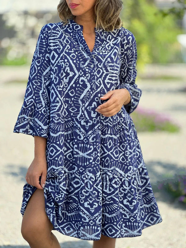 Elegant Printed Flared Sleeves Midi Dress