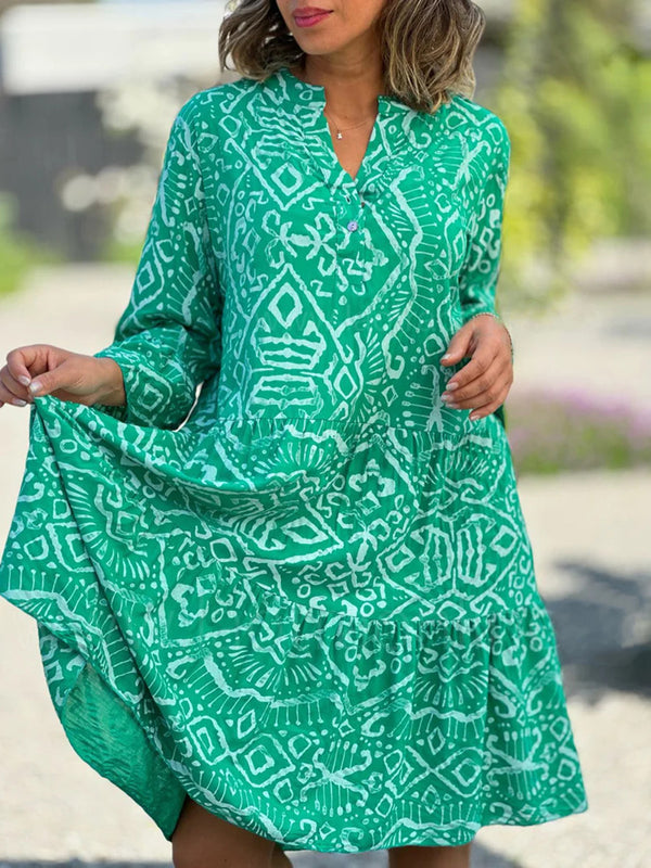 Elegant Printed Flared Sleeves Midi Dress